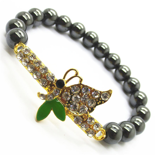 Hematite 8MM Round Beads Stretch Gemstone Bracelet with Diamante Dragonefly Piece