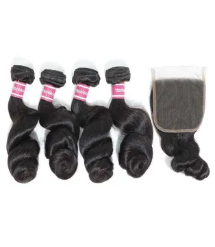 Peruvian Hair Loose Wave Hair 4 Bundles with Closure Remy Human Hair Weave Bundles With Closure Natural Color
