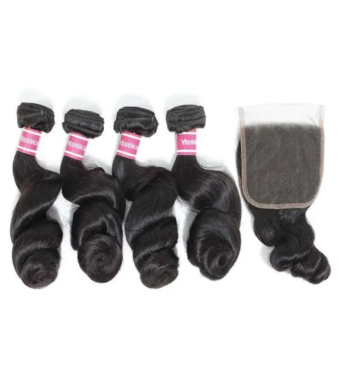 Peruvian Hair Loose Wave Hair 4 Bundles with Closure Remy Human Hair Weave Bundles With Closure Natural Color