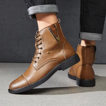 Custom LOGO High Top Martin Boots for Men - Genuine Leather Lace Up Zipper Martin Boots