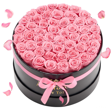 Coffret rond de 50 roses roses préservées