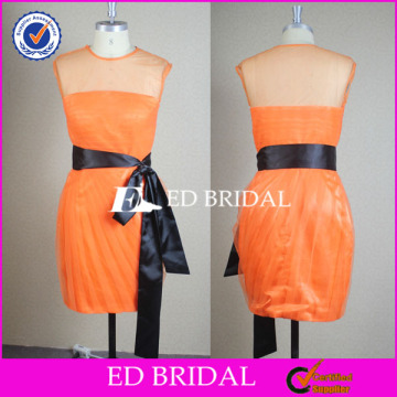 NS628 Modest Jewel Neckline Black Belt Real Sample Orange Bridesmaid Dresses