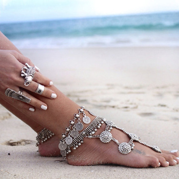 Wholesale Silver Coins Fringed Bracelet Anklet Retro Ethnic Jewelry