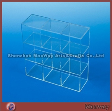 Transparent 3 tiers rectangle polished acrylic/PMMA container/vessel/receptacle with 9 box/bin