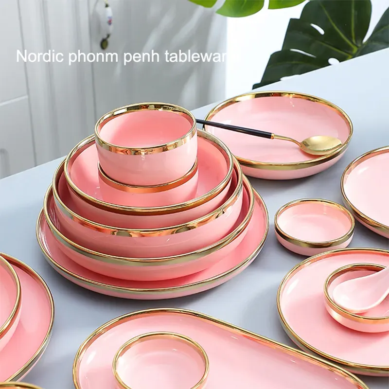 Pink Ceramic Dinner Plate Bowl Set