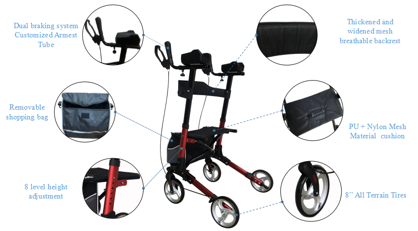 Upright walker for 300lbs Tall Walker with Metal Wheels Stand-Up Folding Rollator Walker Back Erect Rolling Mobility Walking Aid