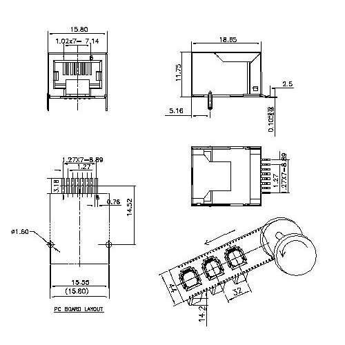 ATRJ5830-8P8C-X-D-A RJ45 Side Entry PCB Jack SMT WShield,Grounding TAB