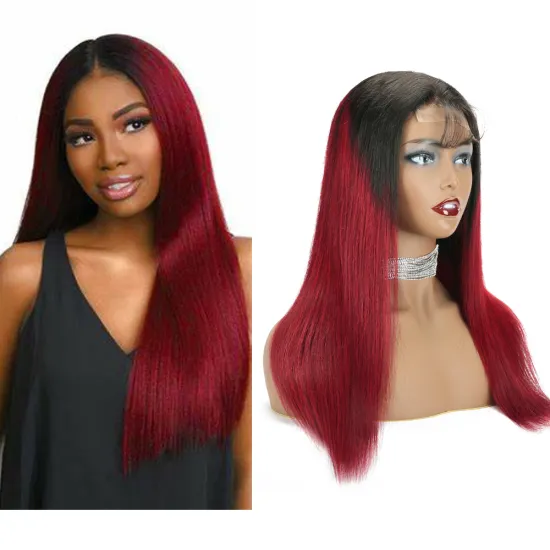 Factory Price Brazilian Virgin Human Hair Red Wine Ombre Color 1b/burgundy 4x4 Transparent HD Lace Closure Wigs for Black Women