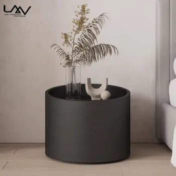 Simple Black Modern Wooden Round Bedside Storage Nightstand