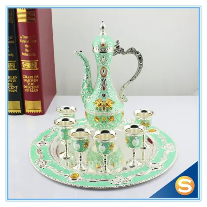 Handmade Enamel Rose Design Metal Antique Royal Wine Set Handicraft Wedding Set