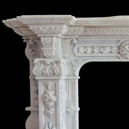 Hand Carved White Marble Mantel Floral Reliefs Artisan