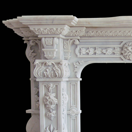 Hand Carved White Marble Mantel Floral Reliefs Artisan