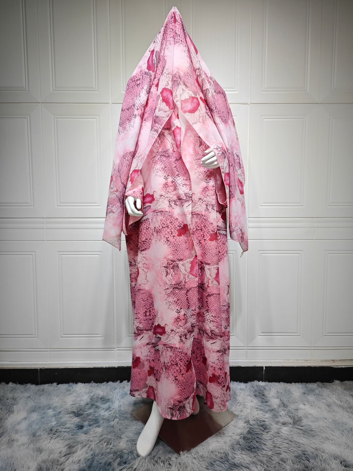 Printed Chiffon Open Abaya Set with Matching Hijab