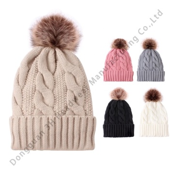 Custom Acrylic Knit Faux Fur Ball Beanie Hats for Women - Hot Sale Winter Caps