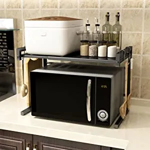 Adjustable Stand Microwave Oven Rack - 2 Tier Storage Rack & Retractable Holder