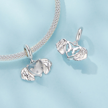 Wholesale 925 Sterling Silver Transparent Glass Heart Wings Necklace Charm Pendant