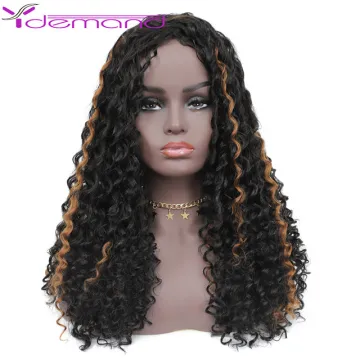 Y Demand 22" Long Black & Brown Curly Wig Synthetic Hair African Wig Deep Wave Hair For Black Women Machine Made Cheap Wig