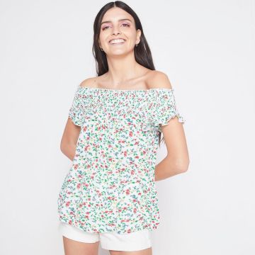 Collarless Short Sleeve Floral Viscose Crepe Printed Tops