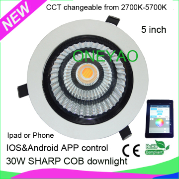 Made with SHARP COB 2700K to 5700K Android IOS APP control LED 30W dimmable CCT changeable LED downlight