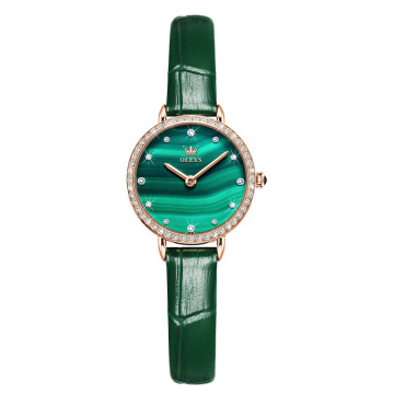 Hot Selling Genuine Leather Diamond Accented Women's Watch in Green Quartz - OLEVS Brand 6628