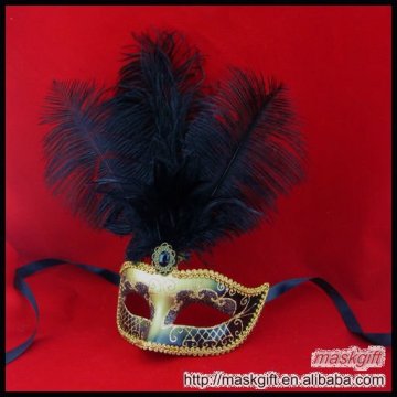 Hand painted Venice calssic style black/gold plume half mask