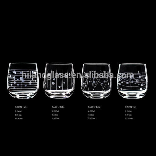 2016 new designed hand blown etched flower whiskey glass