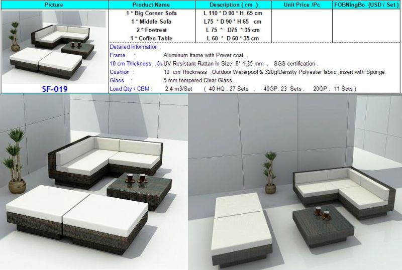 Outdoor Garden Sofa Set / UV-Resistant PE Rattan Furniture (SF-019)