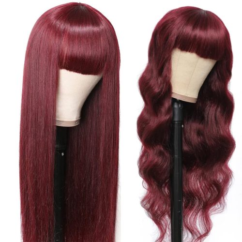 Burgundy Red Brazilian Virgin Straight Wig with Bangs