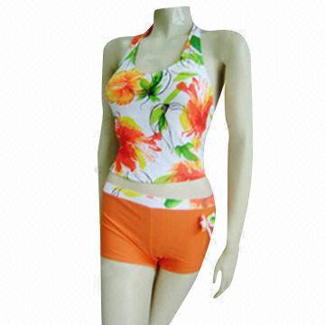 Women's Tankini/Swimwear Set, Top with Over Printing and Solid Color Bottom, Printed Waistband