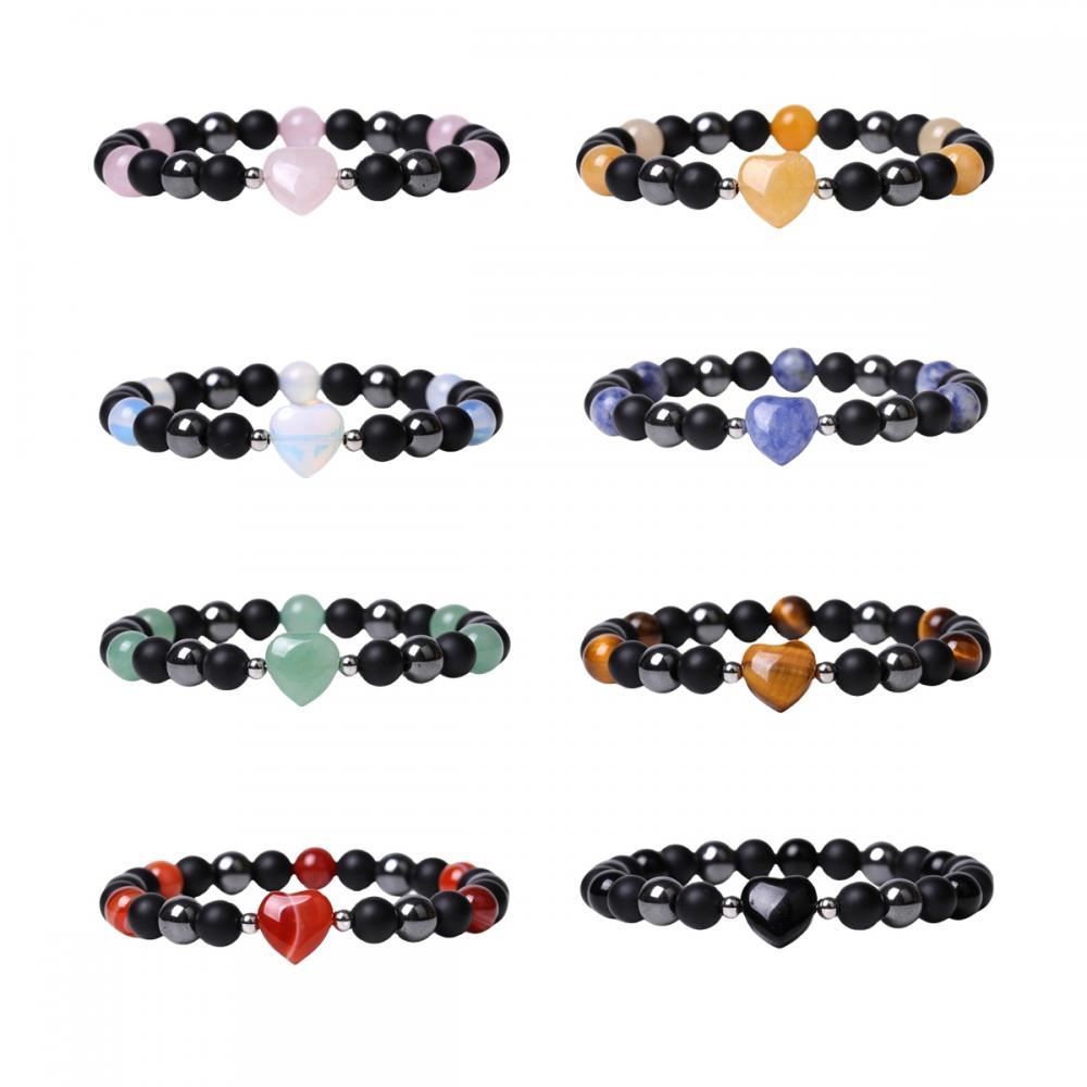 Corazón de piedra natural con pulsera elástica de piedra preciosa de 8 mm para hombres Pulseras de perlas redondas de cristal