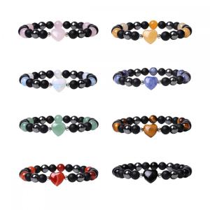 Natural Stone Heart with 8MM Round Gemstone Stretch Elastic Bracelet for Men Women Crystal Round Beads Bracelet