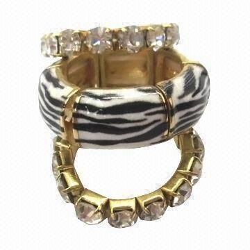 Zinc alloy rings with zebra printings and stretch rhinestone chain rings