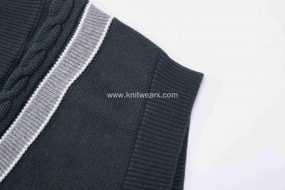 Boy's Knitted Cable Contrast Stripe Neck School Vest