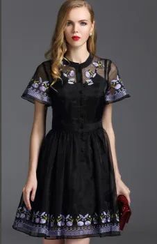 Pretty Steps 2016 elegant ladies vintage organza dress new woman summer embroidered dress sexy black short sleeve organza dress