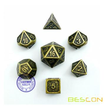 Bescon New Style Ancient Brass Solid Metal Polyhedral D&D Dice Set of 7 Brass Metallic RPG Role Playing Game Dice 7pc Set D4-D20