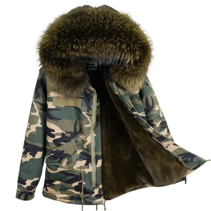 OEM ODM Big Raccoon Fur Collar Faux Fur Lined Women Camouflage Coat