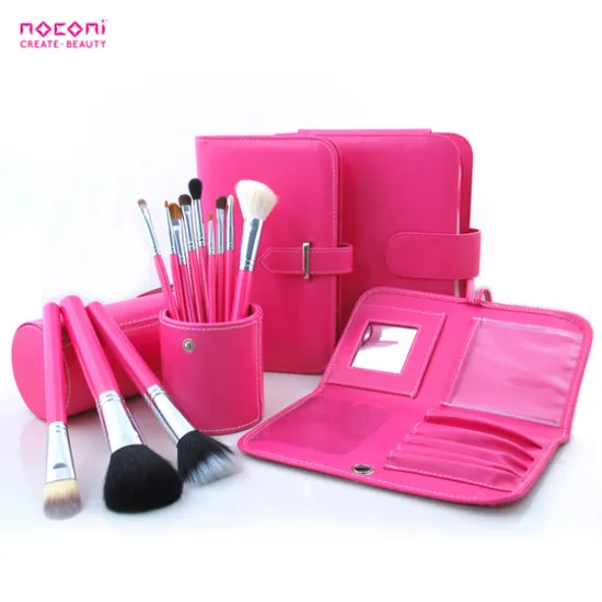 Pink beautiful cosmetic brush set with mirror and cosmtic brush container