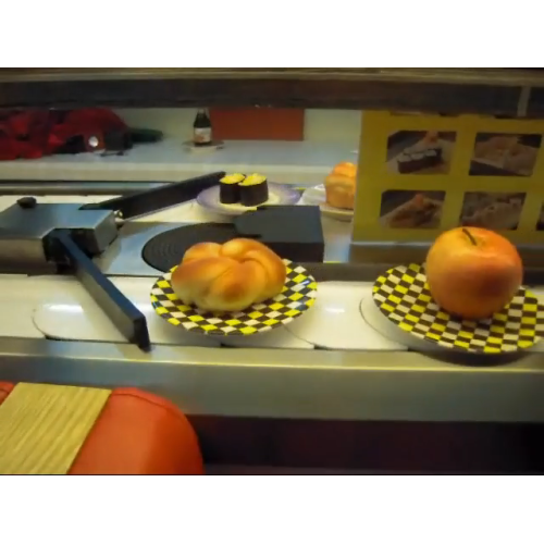 Rotary sushi food conveyor belt throttling system