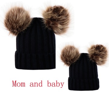 Winter double pom pom parent-child knit cap creative