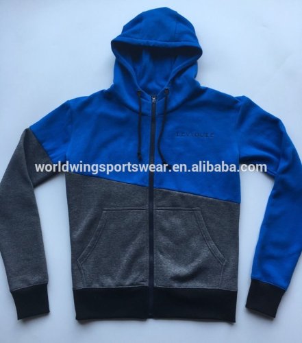 Mens 75% cotton 25% polyester fleece royal blue with dark grey panels zip up with rib cuffs and bottom embroidered sports hoodie