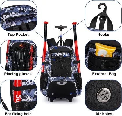 Factory Direct Wheeled Baseball Equipment Backpack with Shoe Compartment and Fence Hook