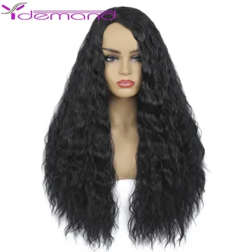 High Quality Cheap Nature Black Long Fiber Wig Extension Kinky Curly Wavy Synthetic Hair Wigs Machine Made