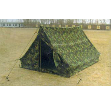 Two-pole four-person military tent in the field