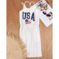 Summer white print elegant party dress demure dress