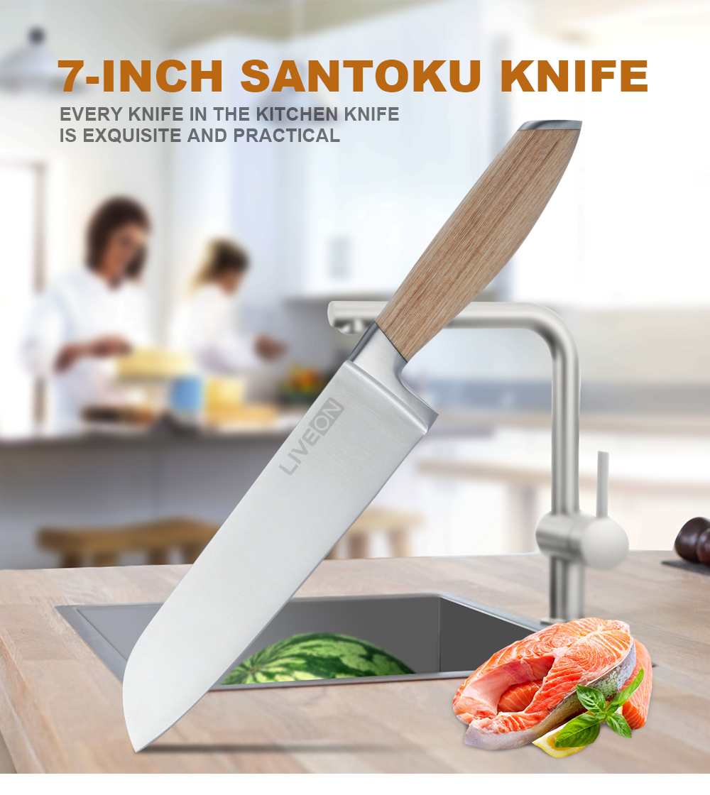 7 CUȚEȘTE DE SANTOKU CU MÂNA DE LEMN PAKKA