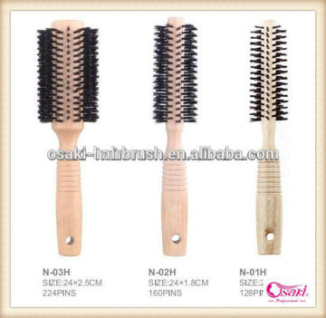 professional round wooden handle hair brush , round natural wooden boar hair brush