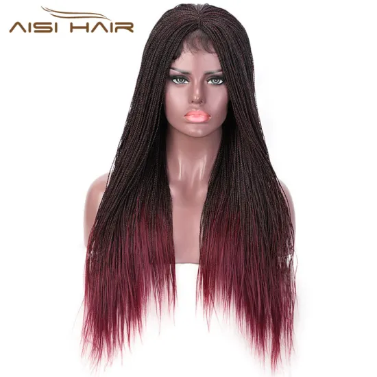 Aisi Hair Senegalese Twist Braided Lace Front Long Wigs Synthetic Ombre Wine Red Lace Front Long Braided Wigs For Black Women