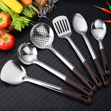 Stainless Steel Kitchen Utensil Set: Turner, Spatula, Skimmer, Ladle, Spoon, and Strainer