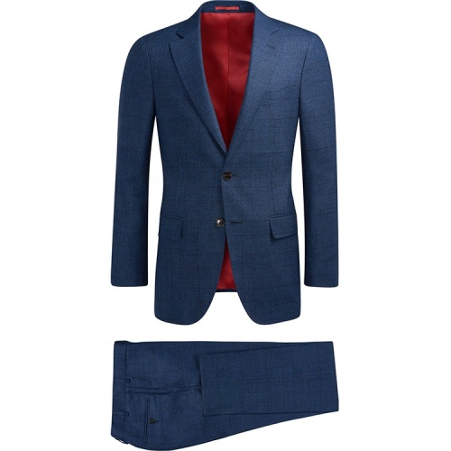 Slim Fit Blue Woolen Suit with Plaid Pattern