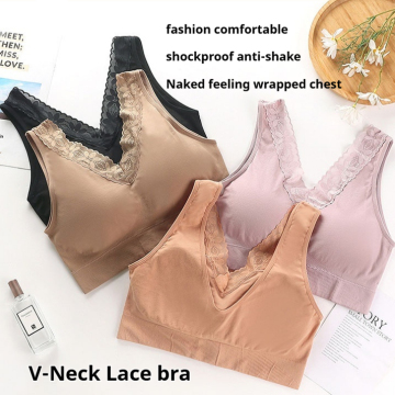 Ασύρματο συν μέγεθος Big Cup Bra: High Stretch V-neck δαντέλα σουτιέν χωρίς χαλύβδινο δαχτυλίδι αναπνεύσιμο σουτιέν για γυναίκες